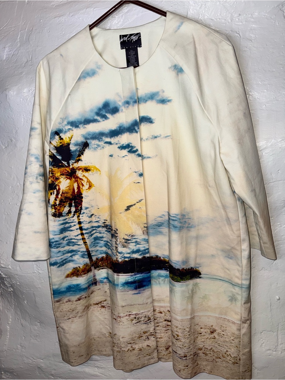 Lord & Taylor Cream and Blue Beach-Print Coat